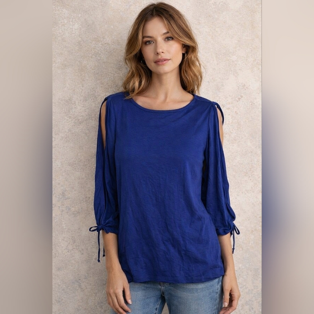 Trina Turk Blue Slit Sleeve Blouse XS | Designer Career Office Top